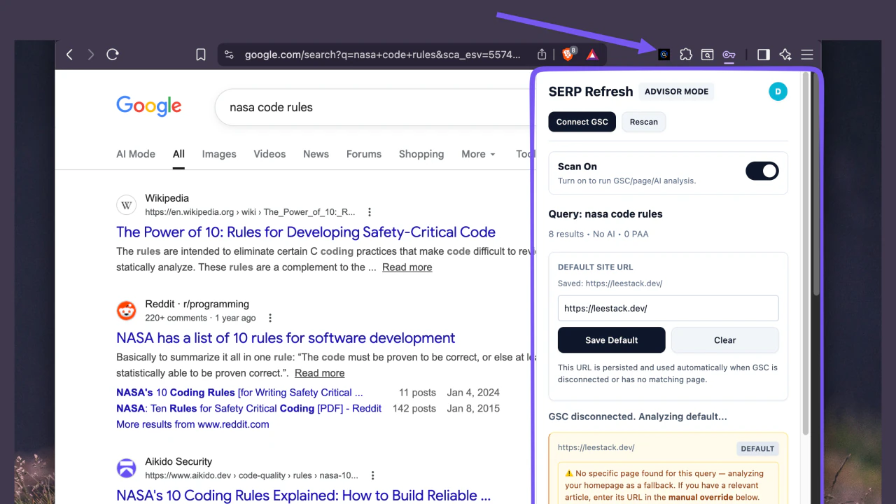 SERP Refresh preview showing a Chrome extension panel analyzing Google search results